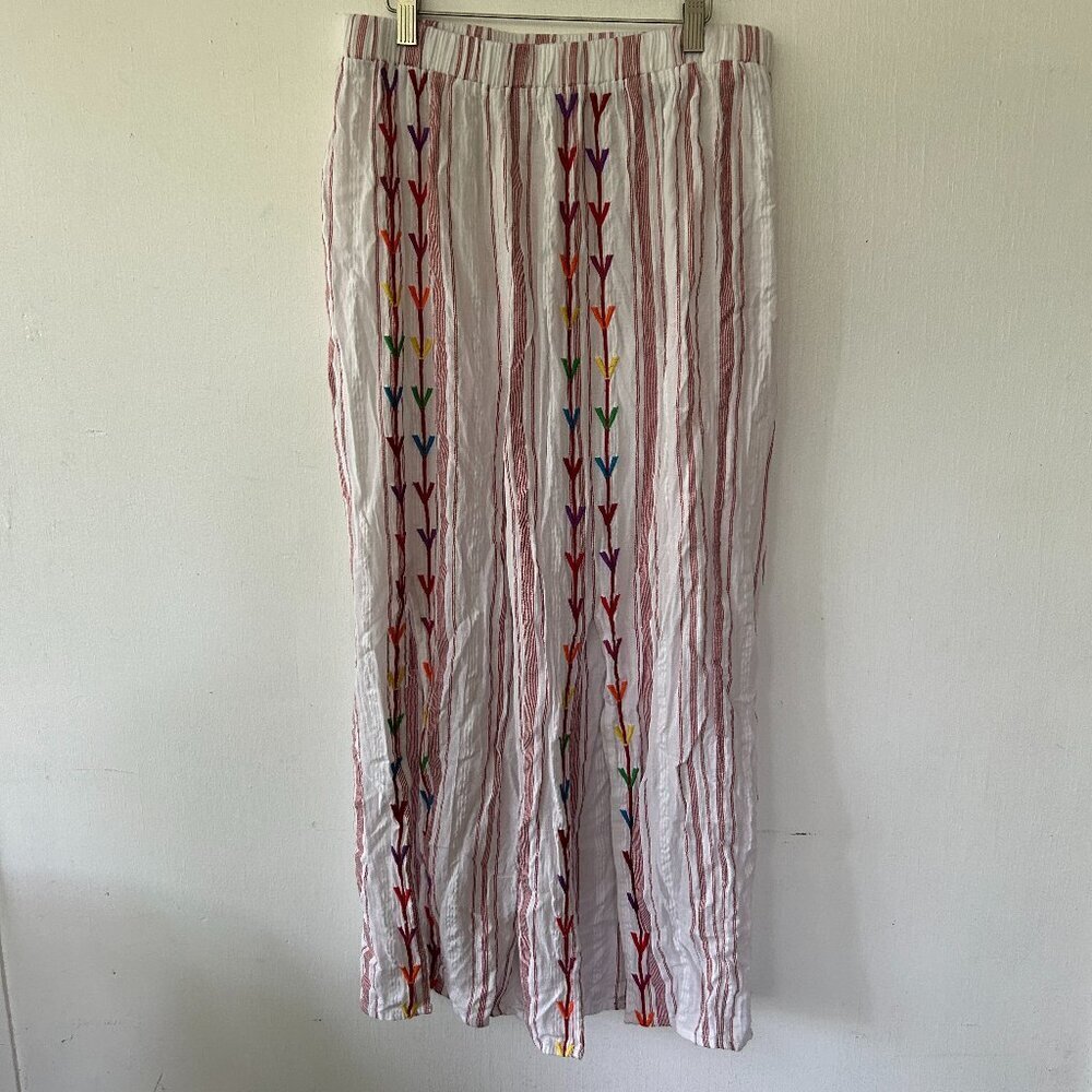 ASOS Pull On Pants Womens 10 White Red Striped Boho Slits Cropped Embroidered